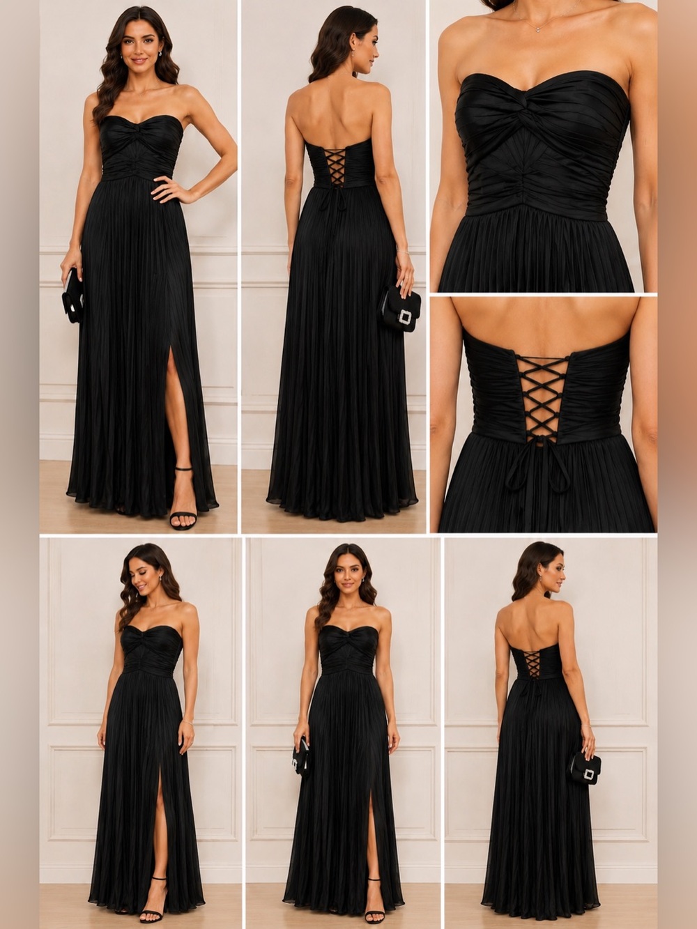 Ryanth Black Strapless Pleated Maxi Gown Corset Back Size 4 NWT